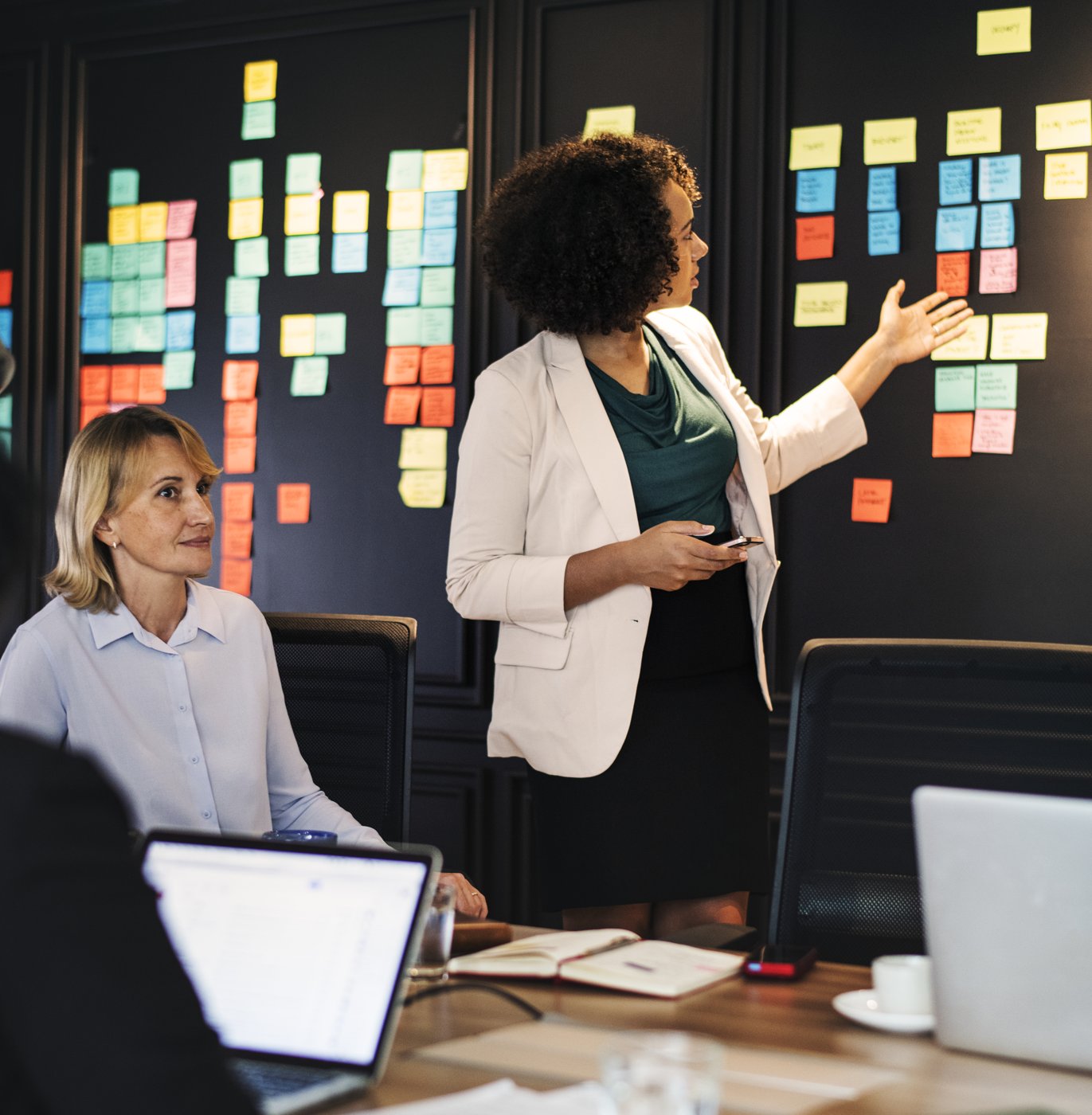 Consultora organizando processos de gestão em um quadro
